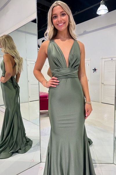 Charming V Neck Oilve Green Mermaid Evening Prom Dresses,PD230894