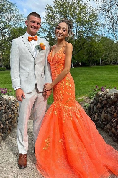 Charming V Neck Organza Tulle Sequins Mermaid Prom Dresses,PD230896