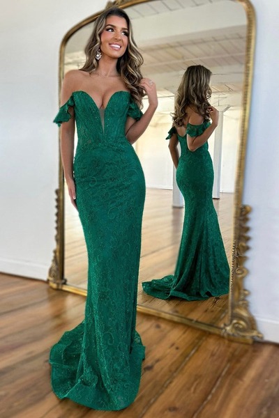 Elegant Sweetheart Dark Green Lace Long Mermaid Prom Dresses with Beading,PD230902