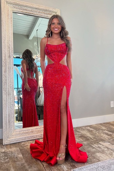 Charming Straps Red Satin Long Mermaid Prom Dresses with Beading,PD230907