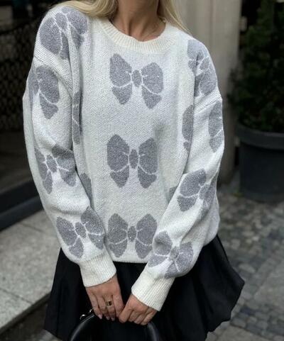 Bow Print Pullover Knit Sweater