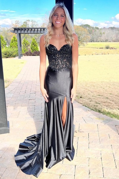 Charming Sweetheart Elastic Satin Black Sequins Mermaid Prom Dress with Slit,PD230911