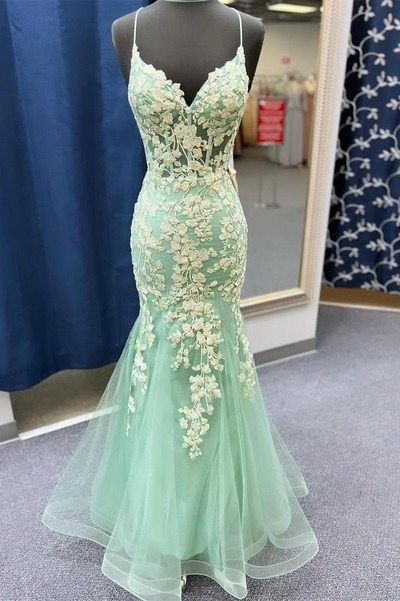 Charming V Neck Sage Green Lace Mermaid Prom Dress with Appliques,PD230912