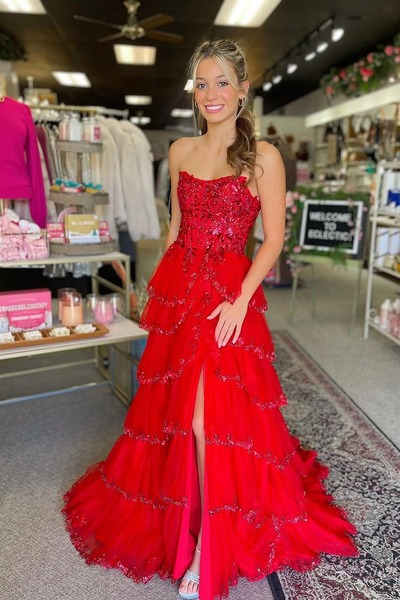 Cute Scoop Neck Red Tulle Tiered A Line Prom Dresses with Beading ,PD230915