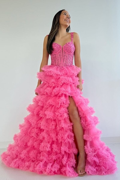 Cute Sweetheart Pink Tiered Tulle A Line Prom Dresses ,PD230917