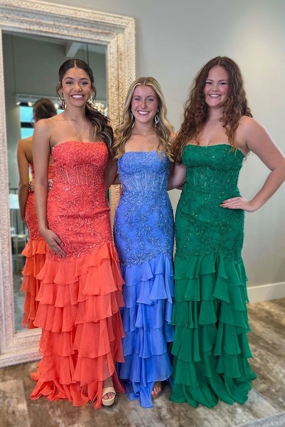 Cute Chiffon Tiered Scoop Neck Long Prom Dresses with Appliques ,PD230921