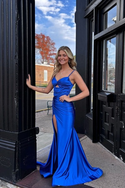 Chic Sweetheart Royal Blue Satin Long Mermaid Prom Dresses with Slit,PD230925