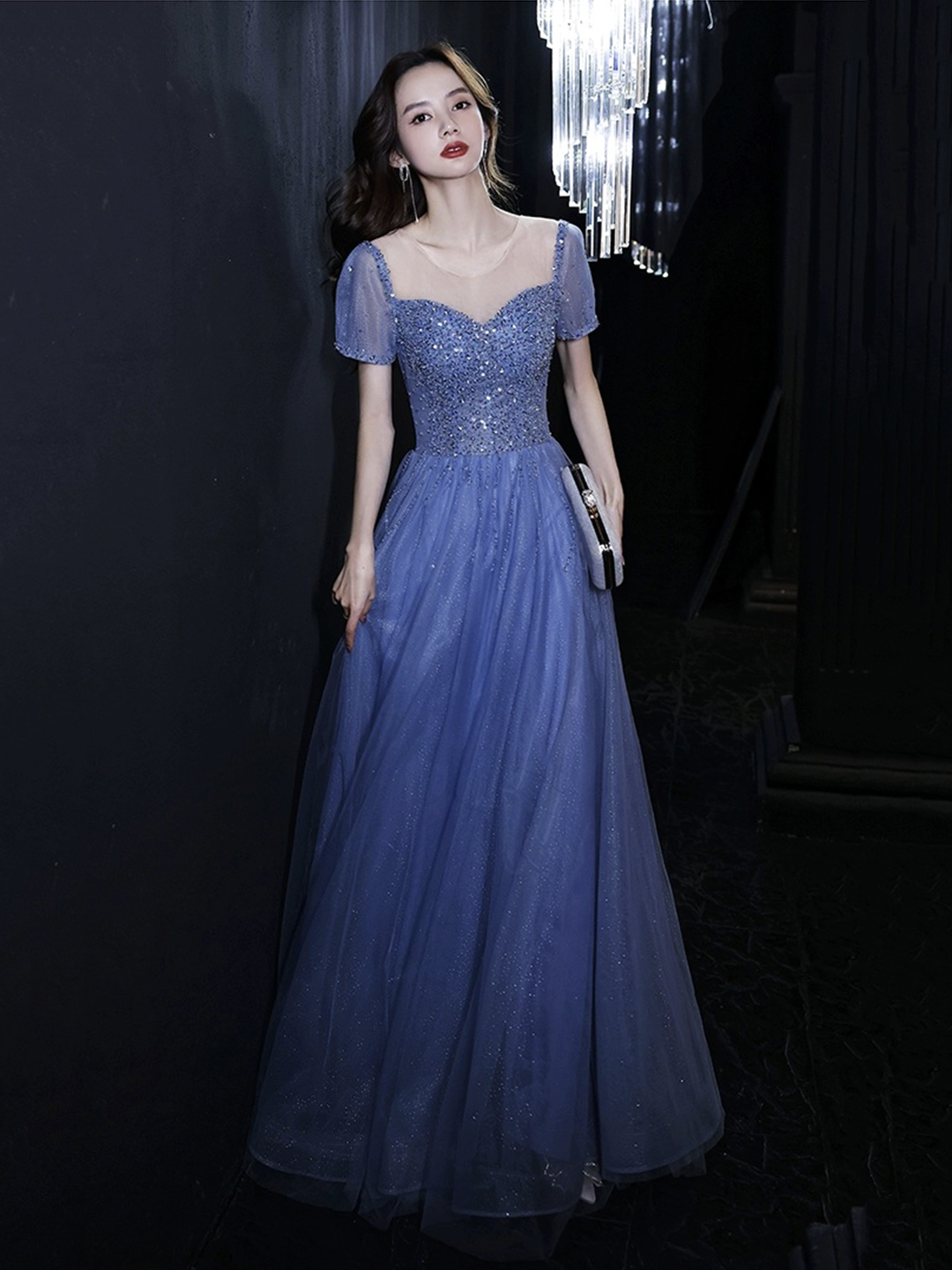 Blue Tulle Beads Long Prom Dress, Beautiful Short Sleeve Evening Party Dress