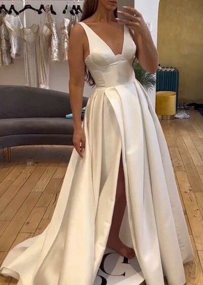 Elegant A Line Side Slit Sleeveless Beach Boho Wedding Dress Bridal Gowns