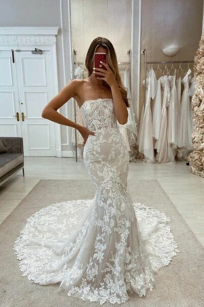 Elegant Sheath Strapless Lace Appliques Wedding Dress Bridal Gowns