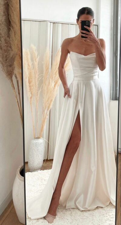 Elegant A Line Beach Boho Side Slit Wedding Dress Bridal Gowns