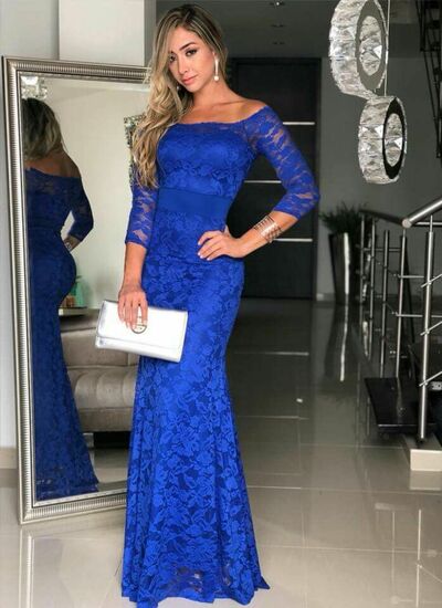 Elegant Mother of the Bride/Groom Dress Royal Blue 1/2 Long Sleeve Lace Evening Formal Prom Dress