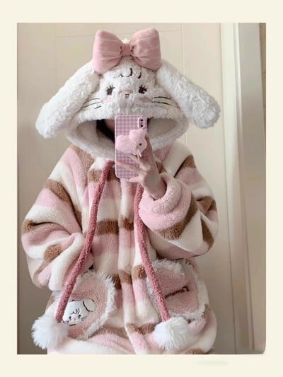 Cute Bunny Ear Striped Hoodie Flannel Nightgown Nightwear