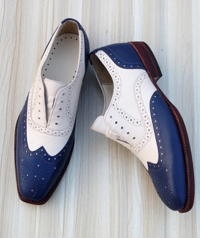 Crafted Leather Classic Blue White Leather Wingtip Oxford Dress Shoes