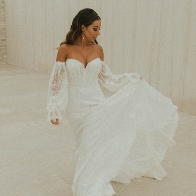 Boho lace off shoulder wedding dress, lace bridal dress wedding gown  - Thumbnail 1