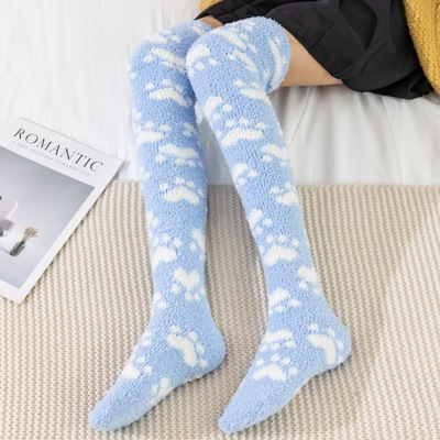 Cute Cat Paw Prints Fleece Stockings Over the knee Socks