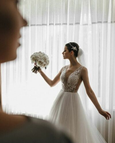 A-line Wedding Dress, Luxury Deep V-neck Wedding Gown, Tulle Wedding Dresses
