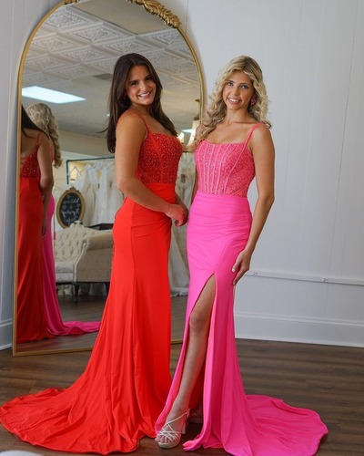 Cute Scoop Neck Red Satin Long Mermaid Prom Dress with Beading,PD230932
