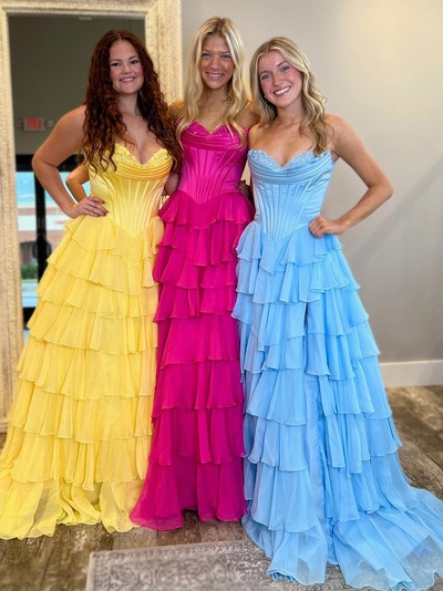 Cute A-Line Yellow Sweetheart Ruffle Chiffon Tiered Long Prom Dress With Split,PD230936