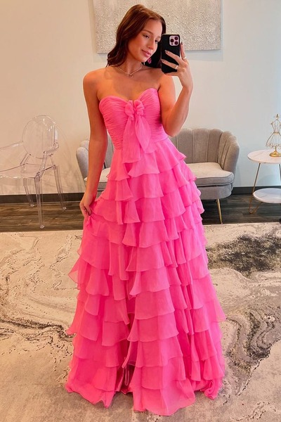 Cute Sweetheart Pink Chiffon Tiered A Line Prom Dresses with Bow,PD230937