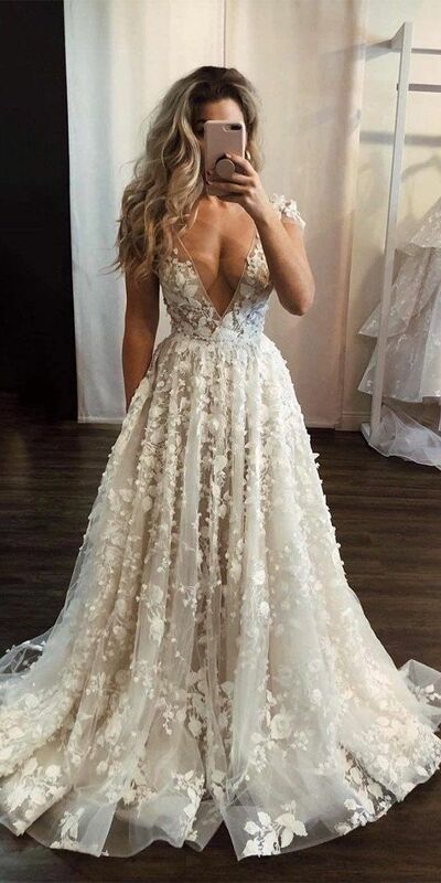 Sexy Deep V-neck Flowers Appliques Wedding Dress, Luxury Sparkle Floral Wedding Gown