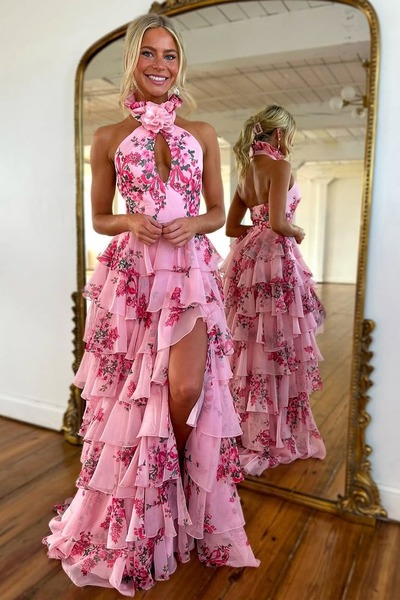 Cute Chiffon Sheath Halter Floral Printed Tiered Prom Dress with Slit ,PD230947