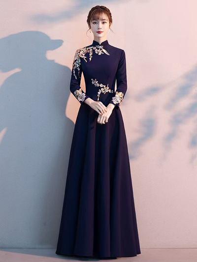 Summer new navy blue performance Evening Party long dress