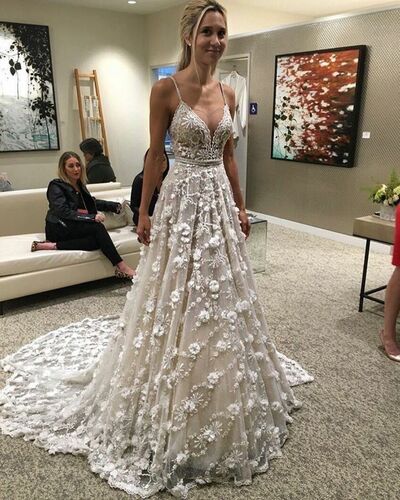 Sexy Deep V-neck Flowers Appliques Wedding Dress, Floral Wedding Gown Wedding Dress