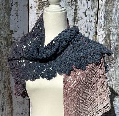 Nyota Shawl in Cotton/ Acrylic Blend in a gradient from pink to blue