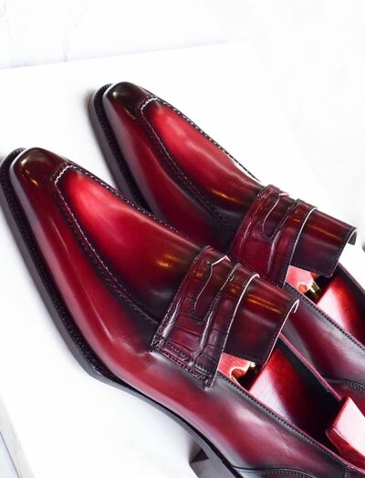 Specially Design Hand Made Manufacture Red Leather Polishing Penny Loafers Shoes