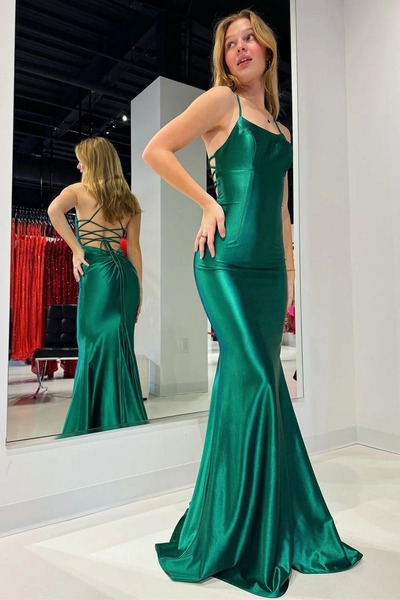 Cute Scoop Neck Dark Green Stretch Satin Long Mermaid Prom Dress,PD230956