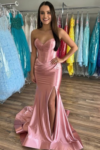 Cute Strapless Fuchsia Satin Mermaid Prom Dress with Slit,PD230957