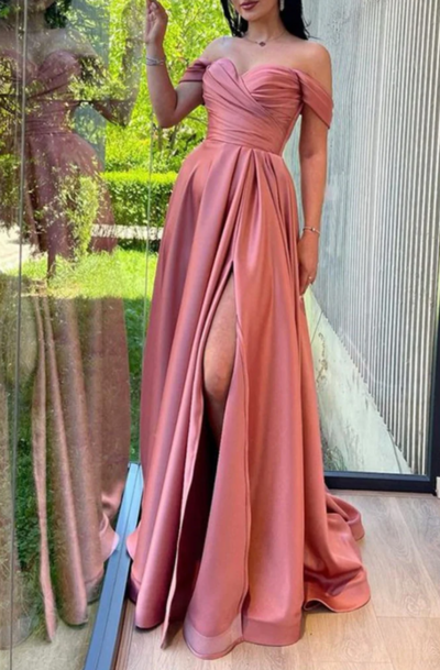 A-Line Off Shoulder Sweetheart Peach Satin Split Sweep Prom Dresses
