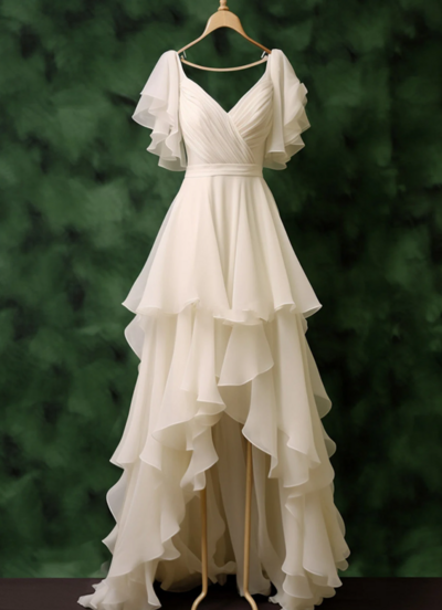 High Low Short Sleeves Chiffon Party Dresses