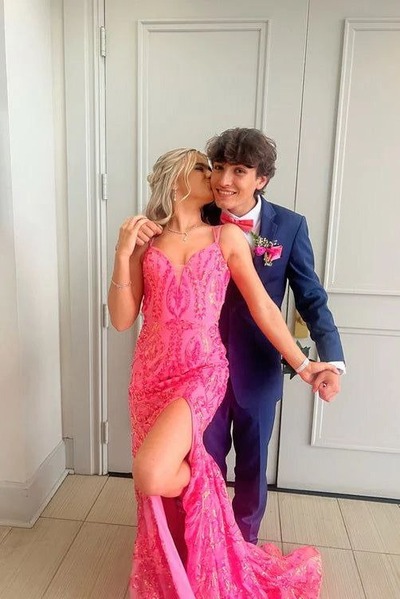 Elegant V Neck Pink Sequins Long Mermaid Prom Dress with Slit ,PD230961