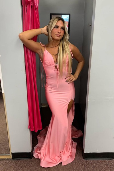 Charming V Neck Coral Stretch Satin Mermaid Prom Dress with Slit,PD230964