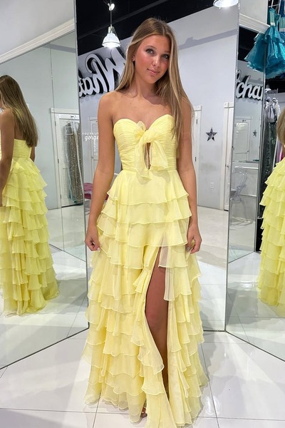 Elegant Sweetheart Keyhole Yellow Chiffon Tiered A Line Prom Dress ,PD230965