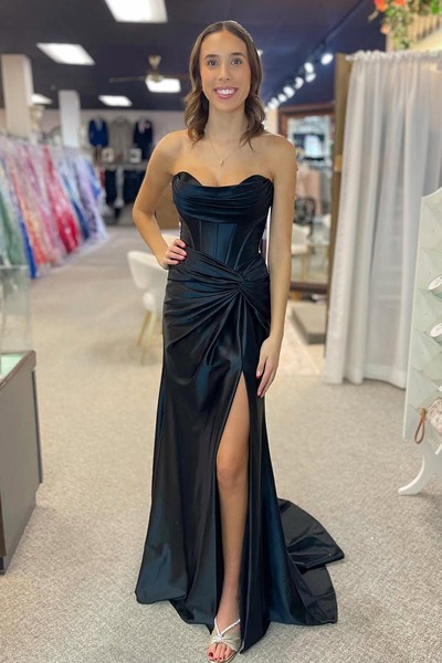 Elegant Sweetheart Black Satin Mermaid Prom Dress with Slit ,PD230966