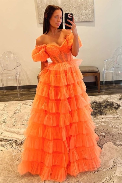 Orange Ball Gown Strapless Tulle Tiered Prom Dresses with Slit ,PD230968