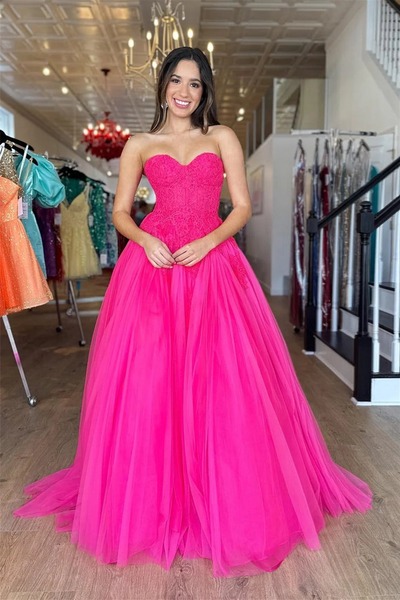Sweetheart Pink Tulle A Line Prom Dresses with Appliques ,PD230970