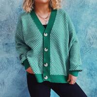V-neck Stripe Button Knit Sweater Cardigan - Thumbnail 3