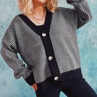 V-neck Stripe Button Knit Sweater Cardigan - Thumbnail 1