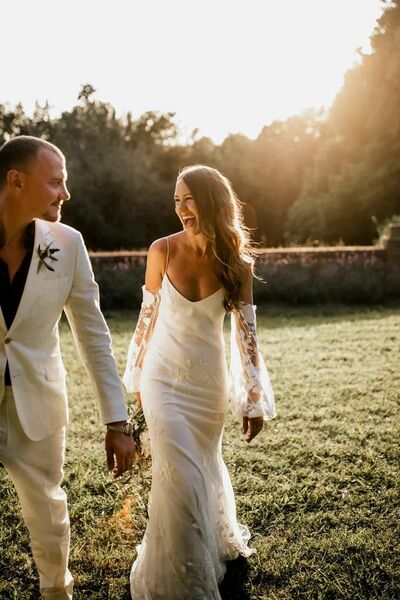 Sheath Wedding Dress with Lace Long Sleeves, Open Back Satin Wedding Gown Bridal Dress