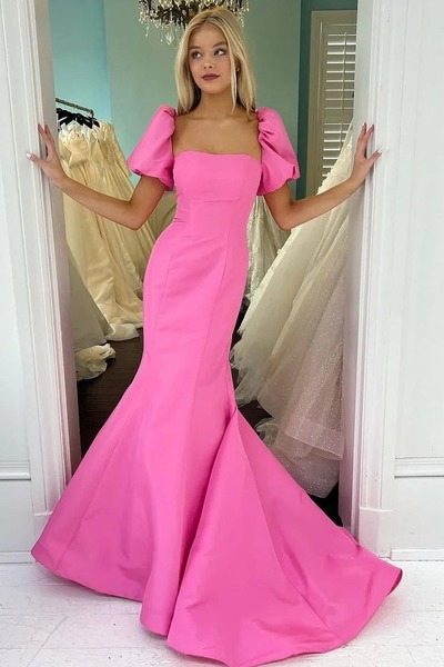 Charming Square Neck Pink Satin Mermaid Prom Dress,PD230973