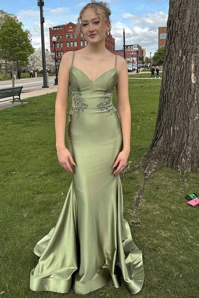 Charming V Neck Sage Green Satin Mermaid Prom Dress with Applqiues,PD230974
