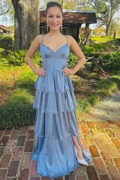 Fairy V Neck Grey Satin Ruffled A Line Prom Dresses with Slit,PD230975