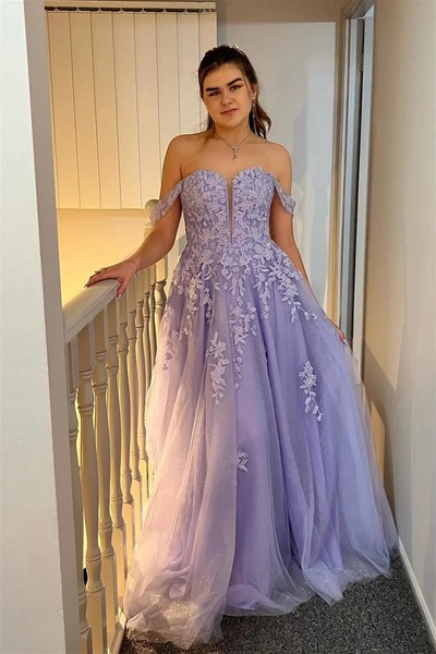 A Line Lavender Sweetheart Tulle Prom Dresses with Appliques ,PD230976