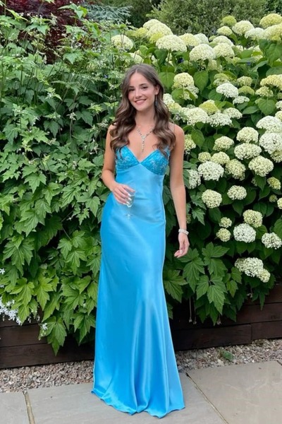 V Neck Blue Satin A Line Prom Dresses with Beading ,PD230977
