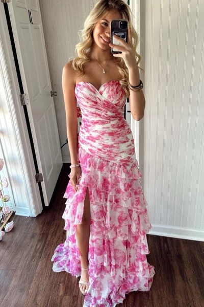 Sweetheart Floral Printed Chiffon Tiered Prom Dresses with Slit,PD230978