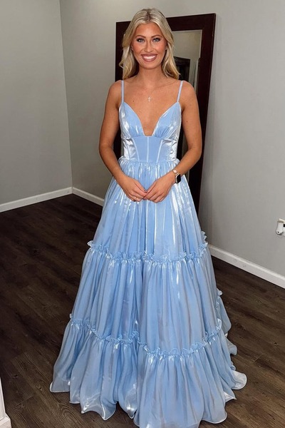 Cute V Neck Glitter Organza Satin A Line Prom Dress,PD230981